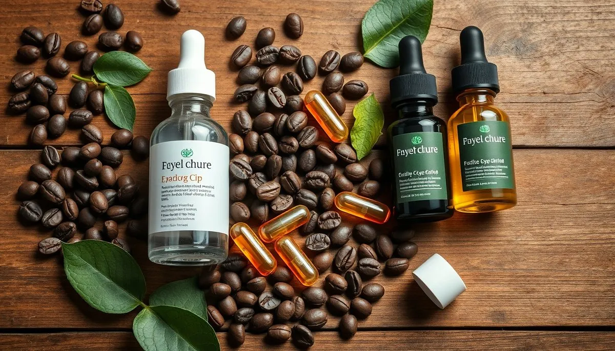 Composición de ingredientes activos para el cuidado del contorno de ojos: cafeína, vitamina C y tratamientos hidratantes Ingredientes naturales para contorno de ojos: café, vitamina C y sérums anti-edad