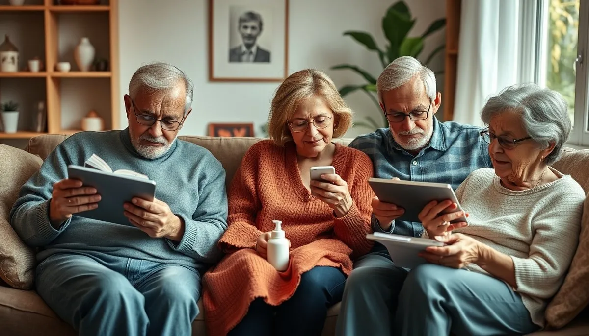 Escena familiar auténtica mostrando múltiples generaciones comprometidas con el bienestar integral, usando tecnología de salud y productos naturales Familia multigeneracional usando productos y tecnología de salud integral en casa