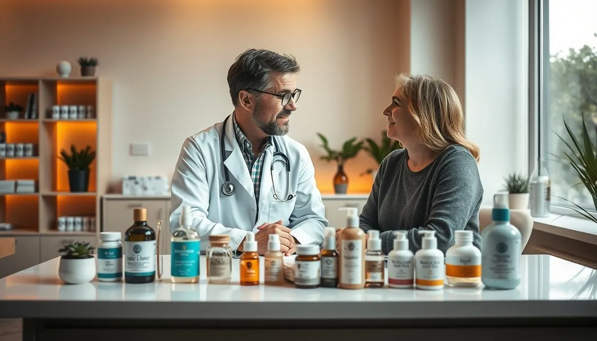 Profesional de la salud presentando opciones de tratamiento integral incluyendo dermocosmética y suplementos naturales en consulta personalizada Consulta médica profesional mostrando productos dermocosméticos y tratamientos de bienestar