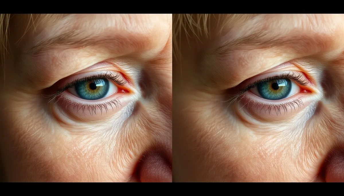Comparativa visual de contorno de ojos: piel joven versus piel madura con ojeras, bolsas y arrugas Comparación antes y después: contorno de ojos joven vs maduro con bolsas y ojeras