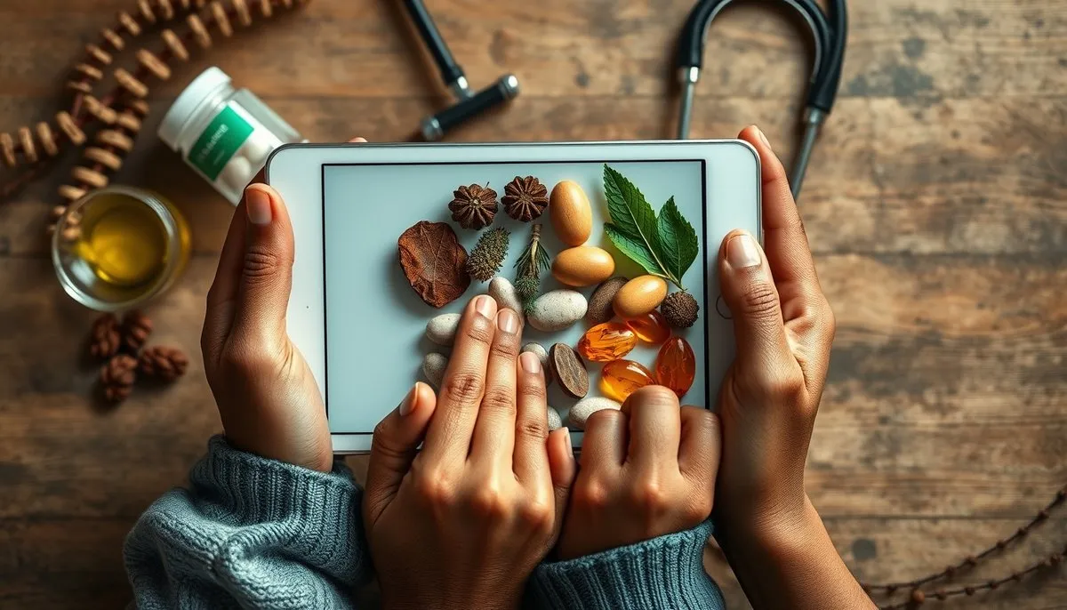 Tecnología de salud digital integrada con elementos naturales de bienestar, mostrando la evolución hacia la atención médica personalizada Manos sosteniendo tablet con app de salud integral y productos de bienestar natural