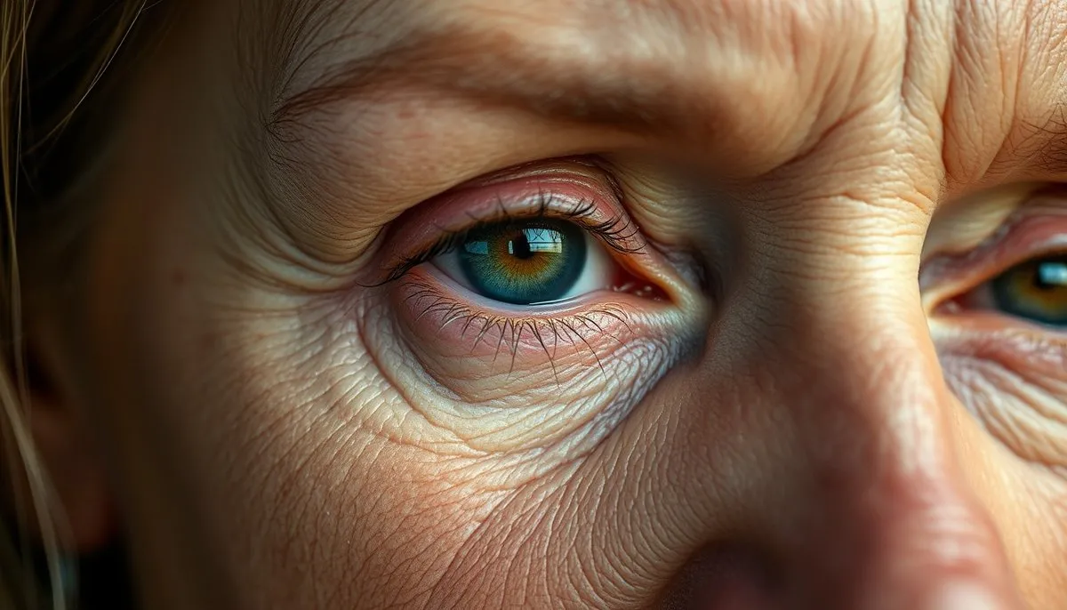 Detalle macro del contorno de ojos mostrando cambios naturales en la piel madura - signos de envejecimiento facial Primer plano de patas de gallo y líneas finas alrededor de los ojos en mujer de 40 años
