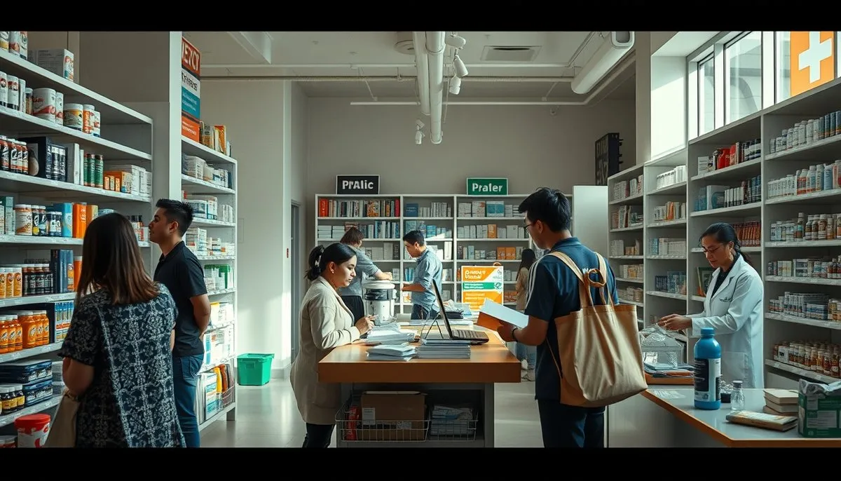 Interior de farmacia contemporánea mostrando diversos canales de distribución de productos de salud, desde atención presencial hasta pedidos online Farmacia moderna con múltiples canales de distribución y productos dermocosméticos