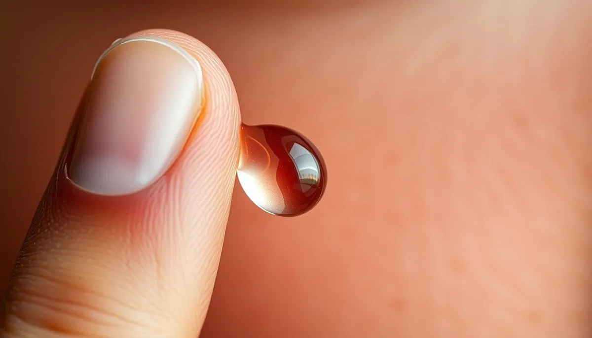 Aplicación de sérum con ácido hialurónico para el cuidado del contorno de ojos - tratamiento anti-edad Gota de sérum de ácido hialurónico en el dedo antes de aplicar en contorno de ojos